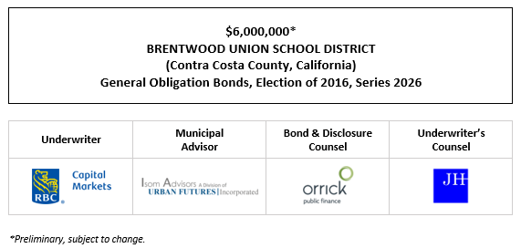 $6,000,000* BRENTWOOD UNION SCHOOL DISTRICT (Contra Costa County, California) General Obligation Bonds, Election of 2016, Series 2026 POS POSTED 2-17-26