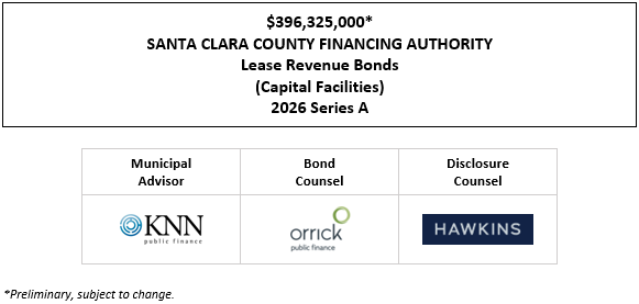 $396,325,000∗ SANTA CLARA COUNTY FINANCING AUTHORITY Lease Revenue Bonds (Capital Facilities) 2026 Series A POS + NOS POSTED 2-19-26