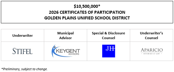 $10,500,000* 2026 CERTIFICATES OF PARTICIPATION Evidencing the Direct, Undivided Fractional Interests of the Owners Thereof in Lease Payments to be Made by the GOLDEN PLAINS UNIFIED SCHOOL DISTRICT to the Public Property Financing Corporation of California POS POSTED 2-25-26