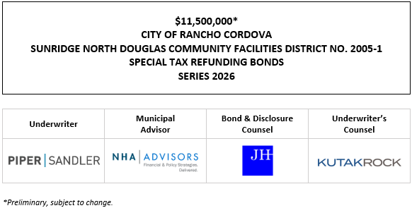 $11,500,000* CITY OF RANCHO CORDOVA SUNRIDGE NORTH DOUGLAS COMMUNITY FACILITIES DISTRICT NO. 2005-1 SPECIAL TAX REFUNDING BONDS SERIES 2026 POS + INVESTOR PRESENTATION POSTED 3-6-26