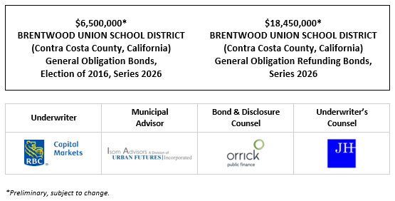 $6,500,000* BRENTWOOD UNION SCHOOL DISTRICT (Contra Costa County, California) General Obligation Bonds, Election of 2016, Series 2026 $18,450,000* BRENTWOOD UNION SCHOOL DISTRICT (Contra Costa County, California) General Obligation Refunding Bonds, Series 2026 POS POSTED 3-27-26