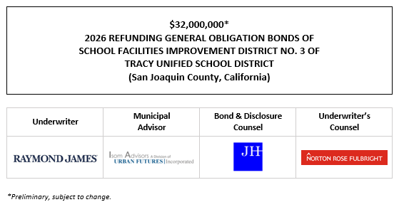 $32,000,000* 2026 REFUNDING GENERAL OBLIGATION BONDS OF SCHOOL FACILITIES IMPROVEMENT DISTRICT NO. 3 OF TRACY UNIFIED SCHOOL DISTRICT (San Joaquin County, California) POS POSTED 3-31-26