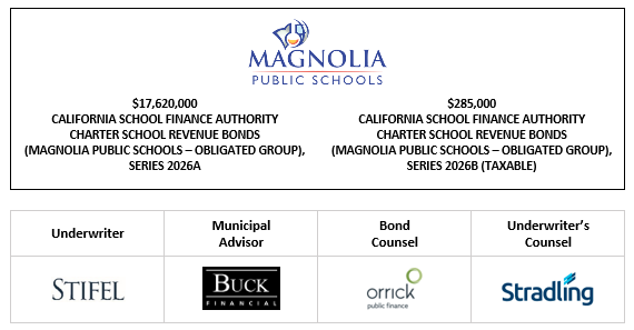 $17,620,000 CALIFORNIA SCHOOL FINANCE AUTHORITY CHARTER SCHOOL REVENUE BONDS (MAGNOLIA PUBLIC SCHOOLS – OBLIGATED GROUP), SERIES 2026A $285,000 CALIFORNIA SCHOOL FINANCE AUTHORITY CHARTER SCHOOL REVENUE BONDS (MAGNOLIA PUBLIC SCHOOLS – OBLIGATED GROUP), SERIES 2026B (TAXABLE) LOM POSTED 3-19-26