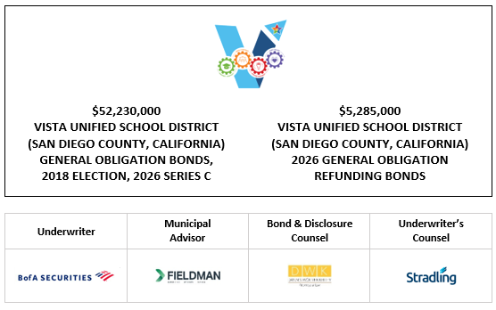 $52,230,000 VISTA UNIFIED SCHOOL DISTRICT (SAN DIEGO COUNTY, CALIFORNIA) GENERAL OBLIGATION BONDS, 2018 ELECTION, 2026 SERIES C $5,285,000 VISTA UNIFIED SCHOOL DISTRICT (SAN DIEGO COUNTY, CALIFORNIA) 2026 GENERAL OBLIGATION REFUNDING BONDS FOS POSTED 3-12-26