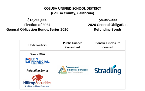 COLUSA UNIFIED SCHOOL DISTRICT (Colusa County, California) $13,800,000 Election of 2024 General Obligation Bonds, Series 2026 $4,045,000 2026 General Obligation Refunding Bonds FOS POSTED 3-13-26