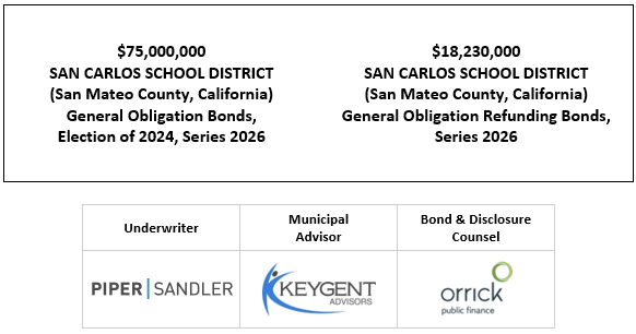 $75,000,000 SAN CARLOS SCHOOL DISTRICT (San Mateo County, California) General Obligation Bonds, Election of 2024, Series 2026 $18,230,000 SAN CARLOS SCHOOL DISTRICT (San Mateo County, California) General Obligation Refunding Bonds, Series 2026 FOS POSTED 3-12-26