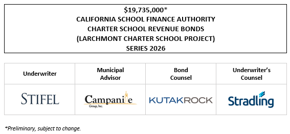 $19,735,000* CALIFORNIA SCHOOL FINANCE AUTHORITY CHARTER SCHOOL REVENUE BONDS LARCHMONT CHARTER SCHOOL PROJECT) SERIES 2026 PLOM + INVESTOR PRESENTATION + INVESTOR CALL RECORDING POSTED 3-23-26