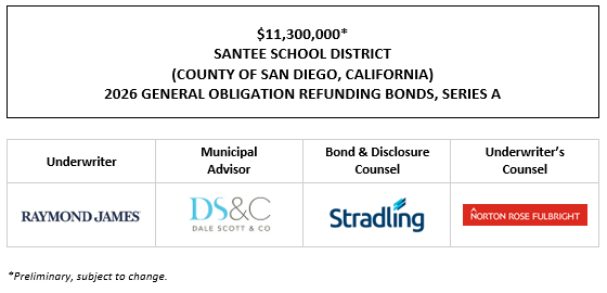 $11,300,000* SANTEE SCHOOL DISTRICT (COUNTY OF SAN DIEGO, CALIFORNIA) 2026 GENERAL OBLIGATION REFUNDING BONDS, SERIES A POS POSTED 3-9-26