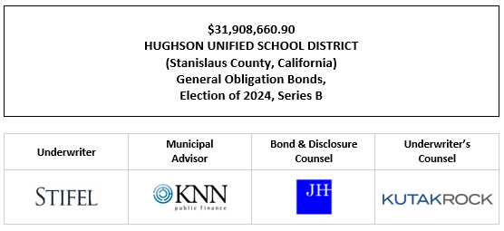 $31,908,660.90 HUGHSON UNIFIED SCHOOL DISTRICT (Stanislaus County, California) General Obligation Bonds, Election of 2024, Series B FOS POSTED 3-24-26