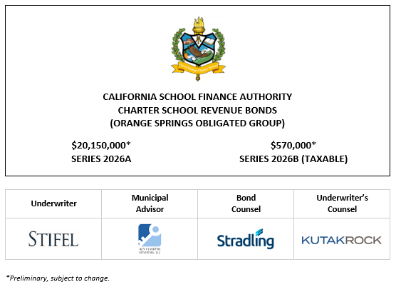 CALIFORNIA SCHOOL FINANCE AUTHORITY CHARTER SCHOOL REVENUE BONDS (ORANGE SPRINGS OBLIGATED GROUP) $20,150,000* SERIES 2026A $570,000* SERIES 2026B (TAXABLE) PLOM + INVESTOR PRESENTATION POSTED 3-6-26