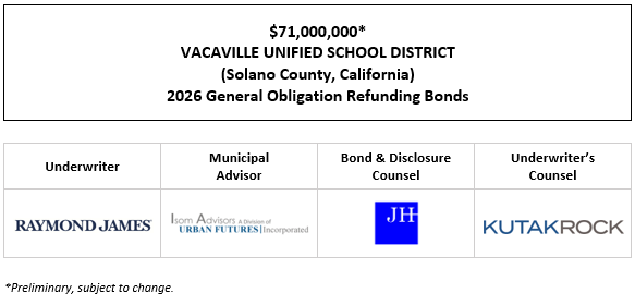 $71,000,000* VACAVILLE UNIFIED SCHOOL DISTRICT (Solano County, California) 2026 General Obligation Refunding Bonds POS POSTED 3-18-26