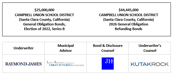 $25,000,000 CAMPBELL UNION SCHOOL DISTRICT (Santa Clara County, California) General Obligation Bonds, Election of 2022, Series B $44,445,000 CAMPBELL UNION SCHOOL DISTRICT (Santa Clara County, California) 2026 General Obligation Refunding Bonds FOS POSTED 4-15-26