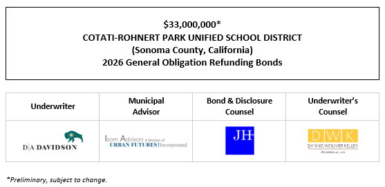 $33,000,000* COTATI-ROHNERT PARK UNIFIED SCHOOL DISTRICT (Sonoma County, California) 2026 General Obligation Refunding Bonds POS POSTED 4-15-26
