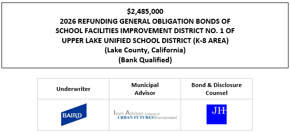 $2,485,000 2026 REFUNDING GENERAL OBLIGATION BONDS OF SCHOOL FACILITIES IMPROVEMENT DISTRICT NO. 1 OF UPPER LAKE UNIFIED SCHOOL DISTRICT (K-8 AREA) (Lake County, California) (Bank Qualified) FOS POSTED 4-28-26