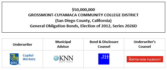 $50,000,000 GROSSMONT-CUYAMACA COMMUNITY COLLEGE DISTRICT (San Diego County, California) General Obligation Bonds, Election of 2012, Series 2026D FOS POSTED 4-1-26