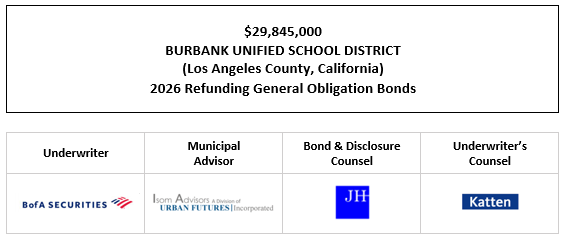 $29,845,000 BURBANK UNIFIED SCHOOL DISTRICT (Los Angeles County, California) 2026 Refunding General Obligation Bonds FOS POSTED 4-22-26