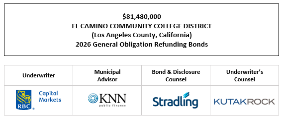 $81,480,000 EL CAMINO COMMUNITY COLLEGE DISTRICT (Los Angeles County, California) 2026 General Obligation Refunding Bonds FOS POSTED 4-3-26