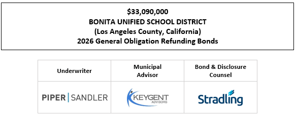 $33,090,000 BONITA UNIFIED SCHOOL DISTRICT (Los Angeles County, California) 2026 General Obligation Refunding Bonds FOS POSTED 4-15-26