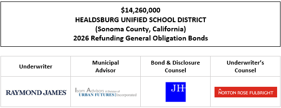 $14,260,000 HEALDSBURG UNIFIED SCHOOL DISTRICT (Sonoma County, California) 2026 Refunding General Obligation Bonds FOS POSTED 4-13-26