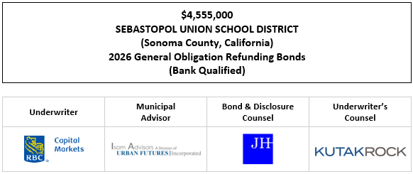 $4,555,000 SEBASTOPOL UNION SCHOOL DISTRICT (Sonoma County, California) 2026 General Obligation Refunding Bonds (Bank Qualified) FOS POSTED 4-15-26