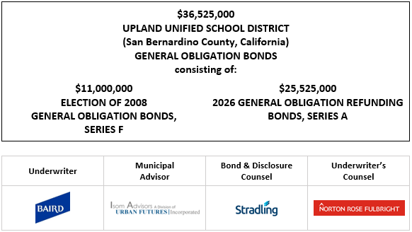 $36,525,000 UPLAND UNIFIED SCHOOL DISTRICT (San Bernardino County, California) GENERAL OBLIGATION BONDS consisting of: $11,000,000 ELECTION OF 2008 GENERAL OBLIGATION BONDS, SERIES F $25,525,000 2026 GENERAL OBLIGATION REFUNDING BONDS, SERIES A FOS POSTED 4-22-26