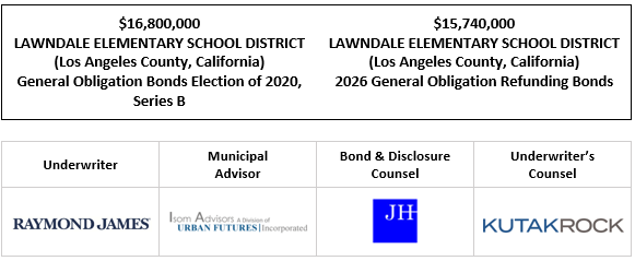 $16,800,000 LAWNDALE ELEMENTARY SCHOOL DISTRICT (Los Angeles County, California) General Obligation Bonds Election of 2020, Series B $15,740,000 LAWNDALE ELEMENTARY SCHOOL DISTRICT (Los Angeles County, California) 2026 General Obligation Refunding Bonds FOS POSTED 4-21-26