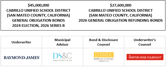 $45,000,000 CABRILLO UNIFIED SCHOOL DISTRICT (SAN MATEO COUNTY, CALIFORNIA) GENERAL OBLIGATION BONDS 2024 ELECTION, 2026 SERIES B $27,600,000 CABRILLO UNIFIED SCHOOL DISTRICT (SAN MATEO COUNTY, CALIFORNIA) 2026 GENERAL OBLIGATION REFUNDING BONDS FOS POSTED 4-28-26