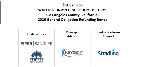 $54,875,000 WHITTIER UNION HIGH SCHOOL DISTRICT (Los Angeles County, California) 2026 General Obligation Refunding Bonds FOS POSTED 4-30-26