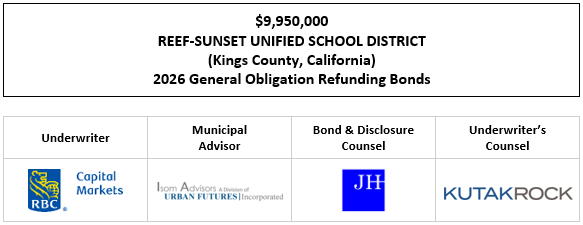 $9,950,000 REEF-SUNSET UNIFIED SCHOOL DISTRICT (Kings County, California) 2026 General Obligation Refunding Bonds FOS POSTED 4-30-26