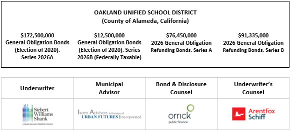 OAKLAND UNIFIED SCHOOL DISTRICT (County of Alameda, California) $172,500,000 General Obligation Bonds (Election of 2020), Series 2026A $12,500,000 General Obligation Bonds (Election of 2020), Series 2026B (Federally Taxable) $76,450,000 2026 General Obligation Refunding Bonds, Series A $91,335,000 2026 General Obligation Refunding Bonds, Series B FOS POSTED 4-2-26