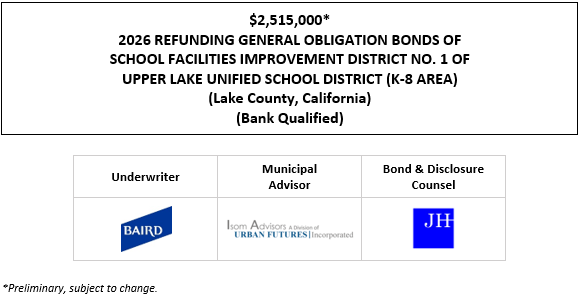$2,515,000* 2026 REFUNDING GENERAL OBLIGATION BONDS OF SCHOOL FACILITIES IMPROVEMENT DISTRICT NO. 1 OF UPPER LAKE UNIFIED SCHOOL DISTRICT (K-8 AREA) (Lake County, California) (Bank Qualified) POS POSTED 4-14-26
