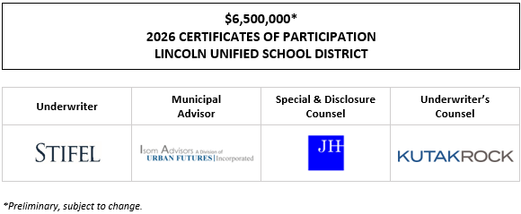 $6,500,000* 2026 CERTIFICATES OF PARTICIPATION Evidencing the Direct, Undivided Fractional Interests of the Owners Thereof in Lease Payments to be Made by the LINCOLN UNIFIED SCHOOL DISTRICT to the Lincoln Unified School District Financing Corporation POS POSTED 4-16-26