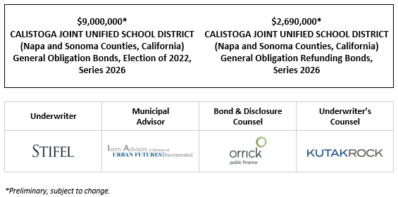 $9,000,000* CALISTOGA JOINT UNIFIED SCHOOL DISTRICT (Napa and Sonoma Counties, California) General Obligation Bonds, Election of 2022, Series 2026 $2,690,000* CALISTOGA JOINT UNIFIED SCHOOL DISTRICT (Napa and Sonoma Counties, California) General Obligation Refunding Bonds, Series 2026 POS POSTED 4-24-26
