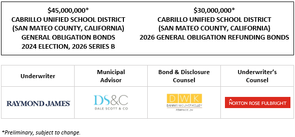 $45,000,000* CABRILLO UNIFIED SCHOOL DISTRICT (SAN MATEO COUNTY, CALIFORNIA) GENERAL OBLIGATION BONDS 2024 ELECTION, 2026 SERIES B $30,000,000* CABRILLO UNIFIED SCHOOL DISTRICT (SAN MATEO COUNTY, CALIFORNIA) 2026 GENERAL OBLIGATION REFUNDING BONDS POS POSTED 4-10-26