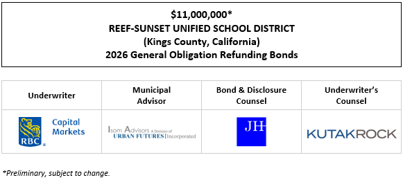 $11,000,000* REEF-SUNSET UNIFIED SCHOOL DISTRICT (Kings County, California) 2026 General Obligation Refunding Bonds POS POSTED 4-15-26