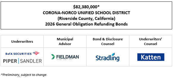 $82,380,000* CORONA-NORCO UNIFIED SCHOOL DISTRICT (Riverside County, California) 2026 General Obligation Refunding Bonds POS POSTED 4-15-26