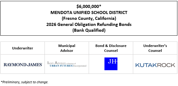 $6,000,000* MENDOTA UNIFIED SCHOOL DISTRICT (Fresno County, California) 2026 General Obligation Refunding Bonds (Bank Qualified) POS POSTED 4-23-26