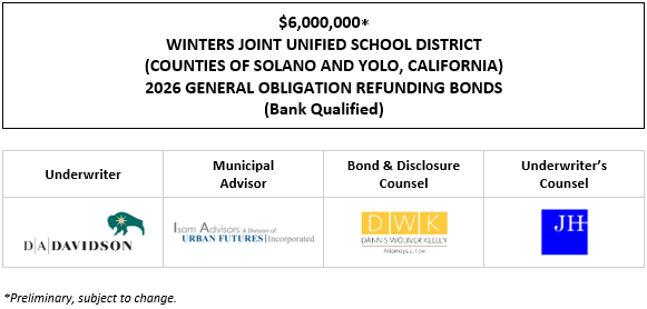 $6,000,000* WINTERS JOINT UNIFIED SCHOOL DISTRICT (COUNTIES OF SOLANO AND YOLO, CALIFORNIA) 2026 GENERAL OBLIGATION REFUNDING BONDS (Bank Qualified) POS POSTED 4-28-26