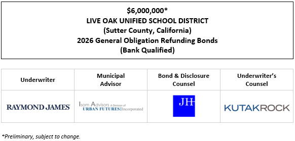 $6,000,000* LIVE OAK UNIFIED SCHOOL DISTRICT (Sutter County, California) 2026 General Obligation Refunding Bonds (Bank Qualified) POS POSTED 4-17-26