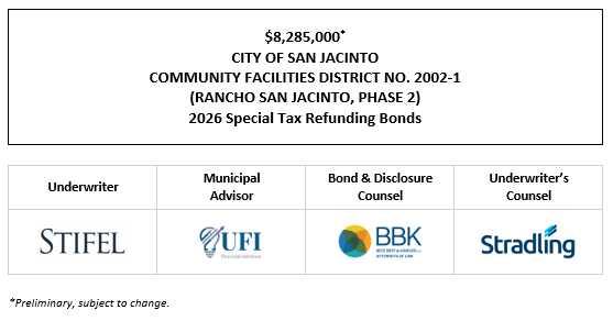 $8,285,000* CITY OF SAN JACINTO COMMUNITY FACILITIES DISTRICT NO. 2002-1 (RANCHO SAN JACINTO, PHASE 2) 2026 Special Tax Refunding Bonds POS POSTED 5-7-26