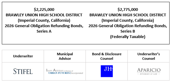 $2,225,000 BRAWLEY UNION HIGH SCHOOL DISTRICT (Imperial County, California) 2026 General Obligation Refunding Bonds, Series A $2,775,000 BRAWLEY UNION HIGH SCHOOL DISTRICT (Imperial County, California) 2026 General Obligation Refunding Bonds, Series B (Federally Taxable) FOS POSTED 5-28-26