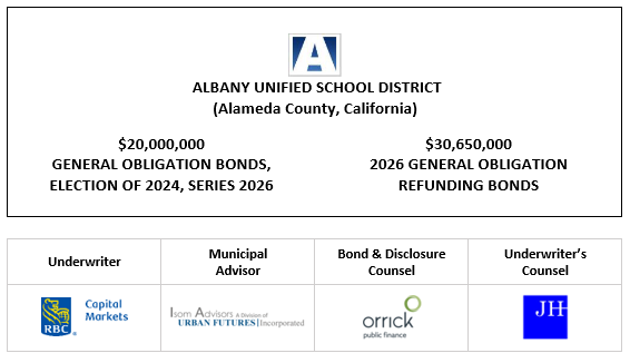 ALBANY UNIFIED SCHOOL DISTRICT (Alameda County, California) $20,000,000 GENERAL OBLIGATION BONDS, ELECTION OF 2024, SERIES 2026 $30,650,000 2026 GENERAL OBLIGATION REFUNDING BONDS FOS POSTED 5-28-26