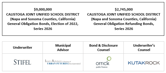 $9,000,000 CALISTOGA JOINT UNIFIED SCHOOL DISTRICT (Napa and Sonoma Counties, California) General Obligation Bonds, Election of 2022, Series 2026 $2,745,000 CALISTOGA JOINT UNIFIED SCHOOL DISTRICT (Napa and Sonoma Counties, California) General Obligation Refunding Bonds, Series 2026 FOS POSTED 5-13-26