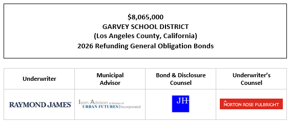 $8,065,000 GARVEY SCHOOL DISTRICT (Los Angeles County, California) 2026 Refunding General Obligation Bonds FOS POSTED 5-19-26