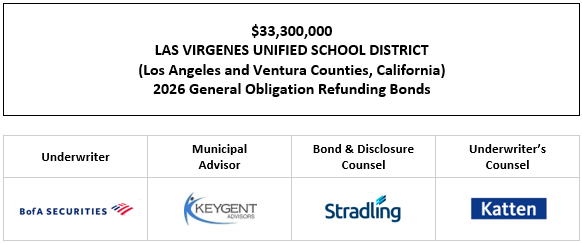 $33,300,000 LAS VIRGENES UNIFIED SCHOOL DISTRICT (Los Angeles and Ventura Counties, California) 2026 General Obligation Refunding Bonds FOS POSTED 5-20-26