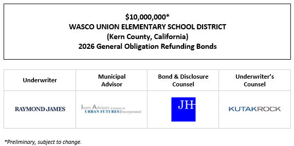 $10,000,000* WASCO UNION ELEMENTARY SCHOOL DISTRICT (Kern County, California) 2026 General Obligation Refunding Bonds POS POSTED 5-29-26
