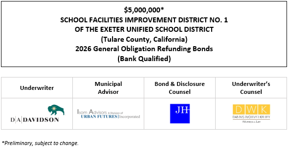 $5,000,000* SCHOOL FACILITIES IMPROVEMENT DISTRICT NO. 1 OF THE EXETER UNIFIED SCHOOL DISTRICT (Tulare County, California) 2026 General Obligation Refunding Bonds (Bank Qualified) POS POSTED 5-6-26