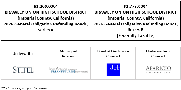 $2,260,000* BRAWLEY UNION HIGH SCHOOL DISTRICT (Imperial County, California) 2026 General Obligation Refunding Bonds, Series A $2,775,000* BRAWLEY UNION HIGH SCHOOL DISTRICT (Imperial County, California) 2026 General Obligation Refunding Bonds, Series B (Federally Taxable) POS POSTED 5-8-26