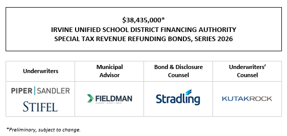 $38,435,000* IRVINE UNIFIED SCHOOL DISTRICT FINANCING AUTHORITY SPECIAL TAX REVENUE REFUNDING BONDS, SERIES 2026 POS POSTED 5-20-26