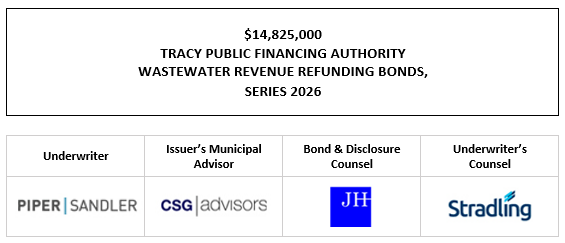 $14,825,000 TRACY PUBLIC FINANCING AUTHORITY WASTEWATER REVENUE REFUNDING BONDS, SERIES 2026 FOS POSTED 6-9-26